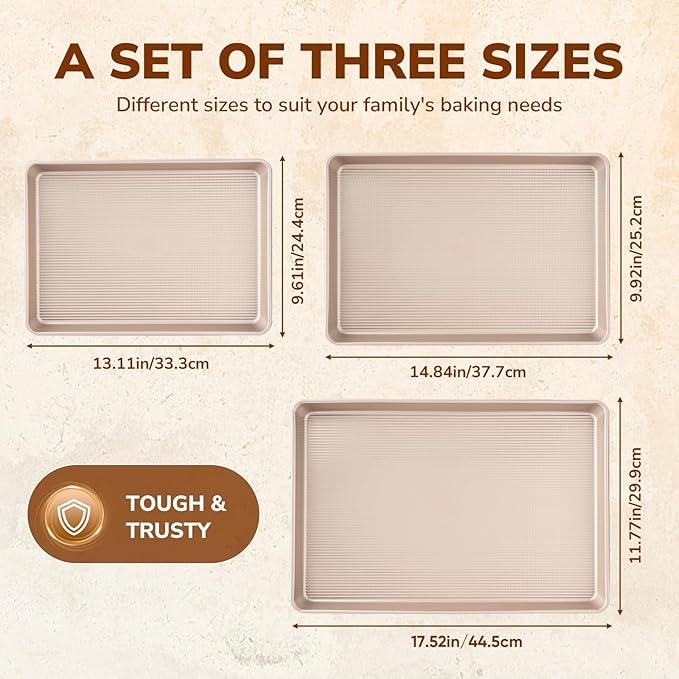 Sakerplus Nonstick Baking Sheet Pan Set of 3, Heavy Duty Cookie Sheets for Oven, 0.6mm Thick Quarter Size & Half Size & Jelly Roll Pan, Rustproof & Easy Clean with Textured Surface(Champagne Gold)