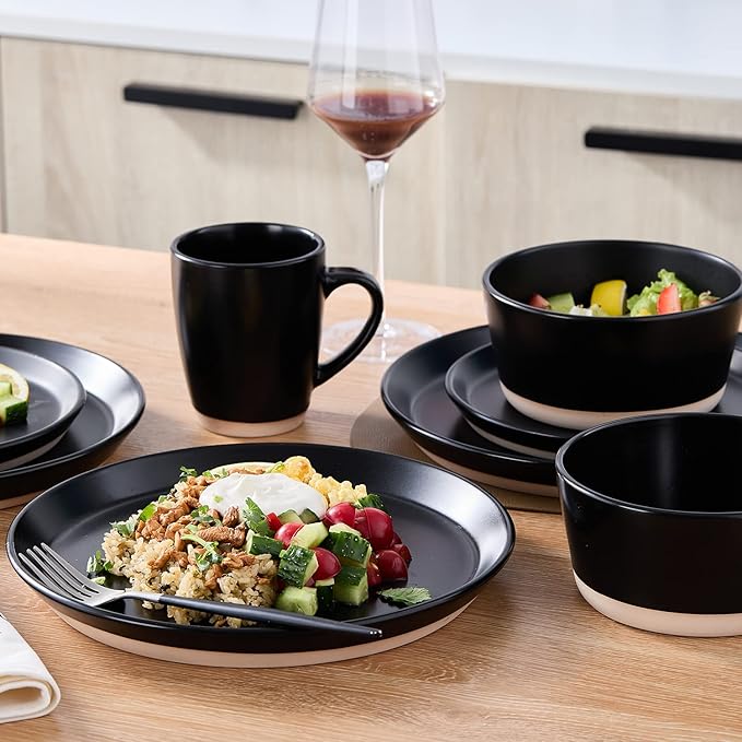 Stone Lain Jules Stoneware 16-Piece Dinnerware Set, Plates and Bowls, Service for 4, Black, Microwave & Dishwasher Safe