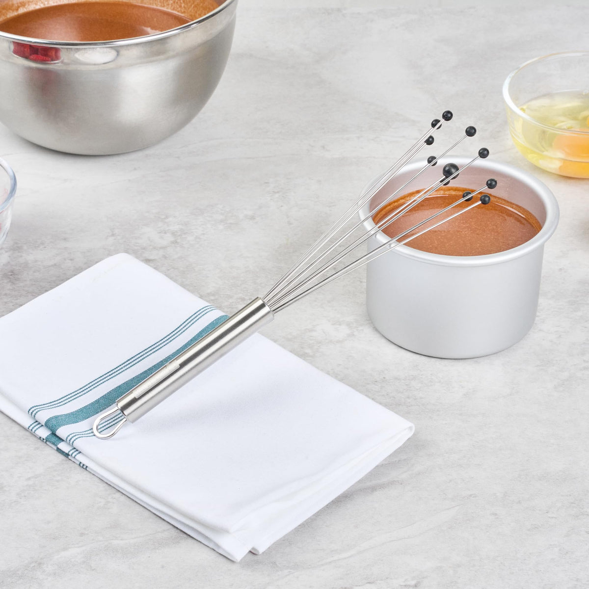 Restaurantware 10.5 in Stainless Steel Ball Whisk with Silicone Tips - 6 Pack - German Standard Sauce & Gravy Whisk, Non-Scratch, Dishwasher Safe - Non-Stick Safe Silicone Ball Whisk for Baking