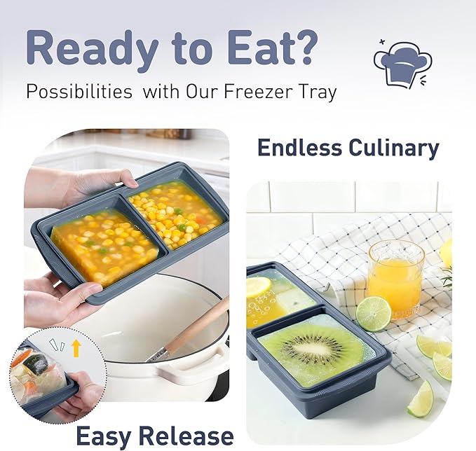 Silicone Freezer Tray with Lid Soup Freezer Container Molds with Steel Reinforced Rim Large Ice Cube Tray Makes 4 Perfect 2 Cup Portions Cubes Storage Food Housewarming Gift Kitchen Must Haves