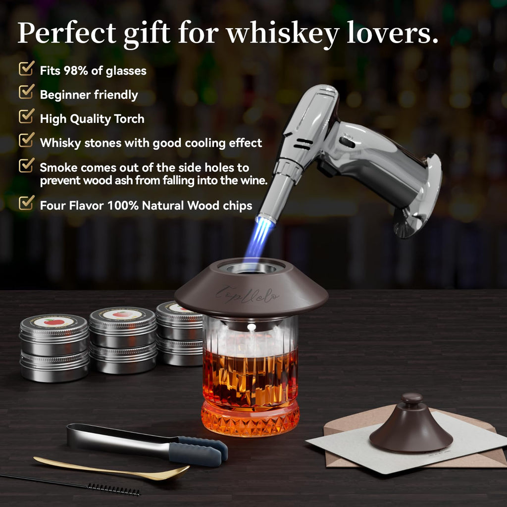 Cocktail Smoker Kit with Torch and Whiskey Glass, 6 Flavors Wood Chips and 3 Whisky Stones for Whiskey & Bourbon, Gift for Husband, Birthday Gift (No Butane), Brown