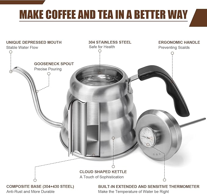 Tea Kettle For Stovetop,Silver,Gooseneck Coffee Pot with Thermometer,40oz
