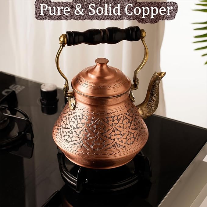 Vintage 100% Solid Pure Copper Turkish TeaPot Tea Pot Kettle for Stovetop Stove Top Traditional Decorative Fancy Arabic Moroccan Party Hammered Kitchen Antique Handmade Unique Style Gooseneck Gift