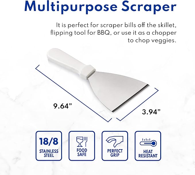 New Star Foodservice Stainless Steel Slant Edge Grill Scraper with White Plastic Handle, 4 x 8.5 Inch Restaurant Grade Griddle Scraper, Flat Top Scraper, Grill Cleaning Tool