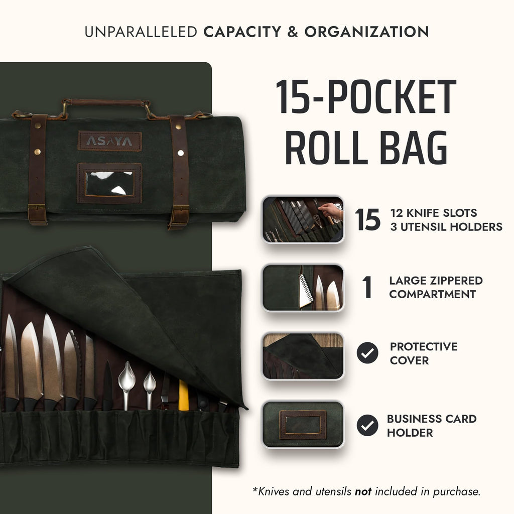 Asaya Waxed Canvas Knife Roll Bag - 15-Slot Chef Knife Bag with Leather Straps, Large Zippered Pocket and Card Holder - Carrying Case for Chefs and Culinary Students – Knives Not Included (Green)
