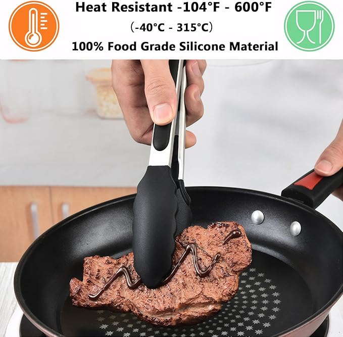 IOCBYHZ Kitchen Tongs for Cooking with Non-Stick Silicone Tips, 600°F Heat Resistant Silicone Cooking Food Tong Set Heavy Duty Stainless Steel Handle for Baking Grilling BBQ Salad Serving, 9" and 12"