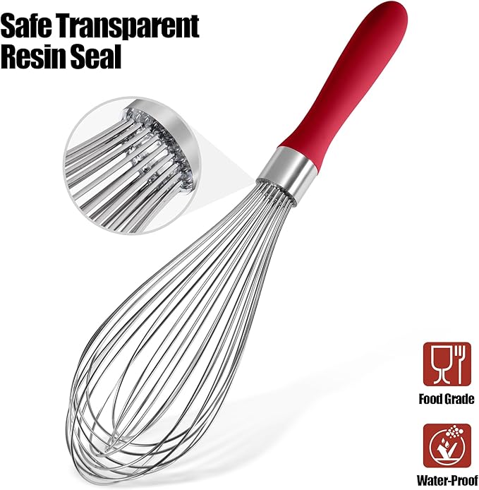Doosu 18/8 Stainless Steel Balloon Whisk for Cooking (12 Wires, Red)