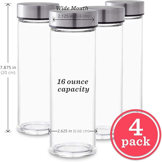 16oz Juice Bottles, Wide Mouth Glass Water Bottles & Stainless Steel Lids