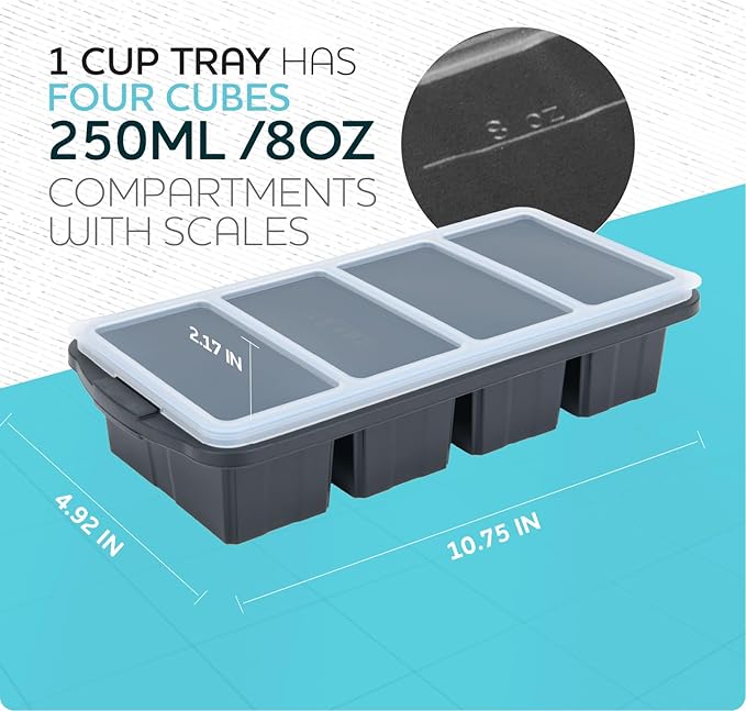 XOMOO Silicone Freezer Tray With Lid - Soup Freezer Container molds - Large Ice Cube Tray- makes 8 perfect 1 cup portions cubes, 2-Pack Freezer Storage Food Soups & Meal Prep - Oven & Dishwasher -Safe
