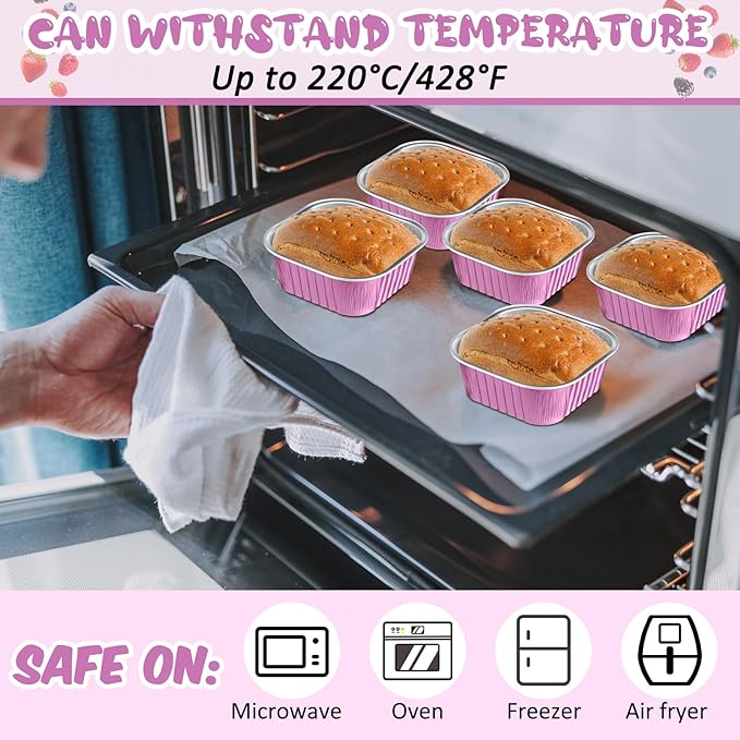 Aoriher 150 Pcs 10 oz Mini Cake Pans with Lids Aluminum Foil Baking Cup Disposable Square 4 x 4 Large Baking Tin, Muffin Pan Cheesecake Kitchen Brownie Pudding Desserts Holder(Rose Red)