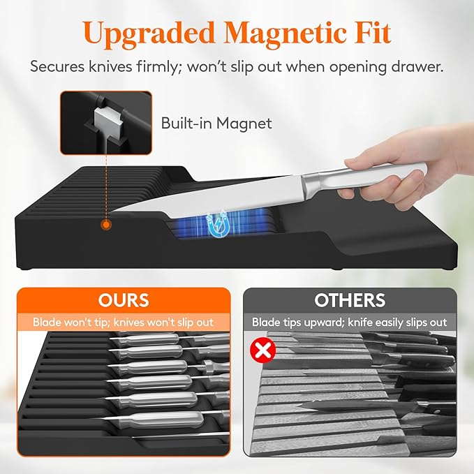 Lifewit Magnetic Drawer Knife Organizers Insert Pastic for 16 Knives, Black