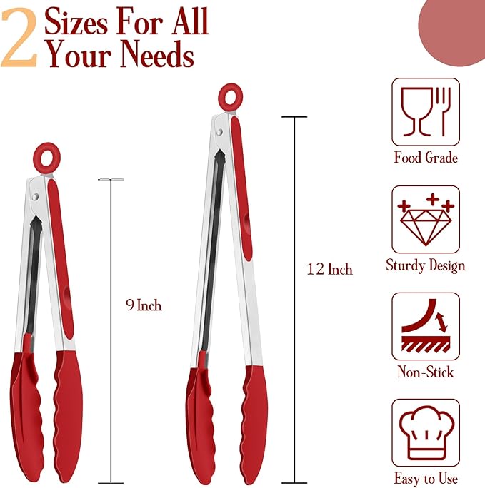 TeamFar Kitchen Tongs, 9"&12" Stainless Steel Heat Resistant Cooking Tongs