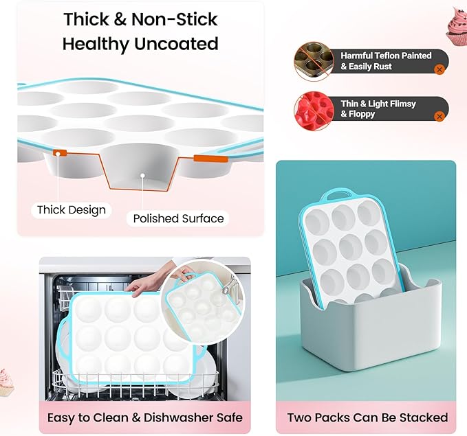 Fimary Silicone Muffin Pans for Baking 2 Pack, 2.6 Inch with Metal Reinforced Frame, Regular Size Nonstick Cupcake Pan 12 Cups for Baking Homemade Muffins, Dishwasher Safe BPA Free-Blue