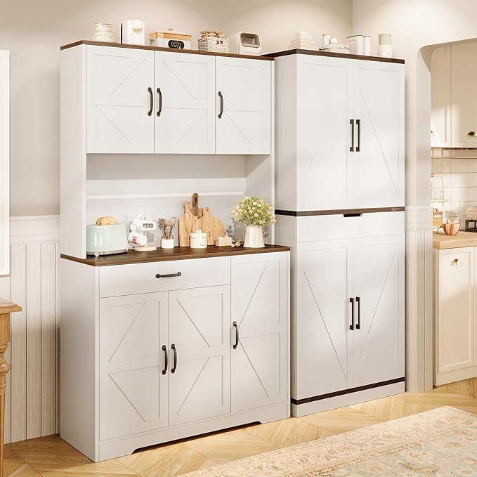 GRUSIGN 71" Pantry Cabinet with Charging Station, Large Capacity Kitchen Hutch Storage Cabinet, Kitchen Cabinet with Microwave Stand, Storage Drawers & Adjustable Shelves for Dining Room, Cream-White