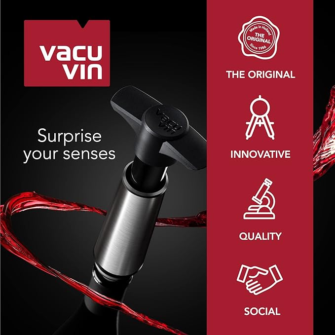 Vacu Vin Original Saver Wine Bottle Stopper – With 8 Vacuum Stoppers – Preserver Wine Stopper with Pump for Red or White Wine – Wine Accessories to Keep Wine Fresh – Airtight Seal Stoppers – Red