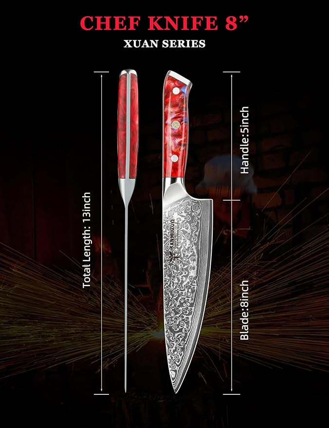 SANMUZUO Chef Knife - 8 inch - Xuan Series - VG10 Damascus Steel Kitchen Knife - Resin Handle (Sunset Red)