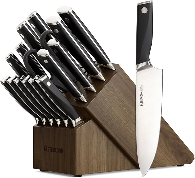 Astercook Knife Set, Kitchen Knives Set with Block and Sharpener Full Tang 17 Pcs German Stainless Steel Knives Sharp Blade Dishwasher Safe Premium Knife Set, Black Father Day Gifts for Men