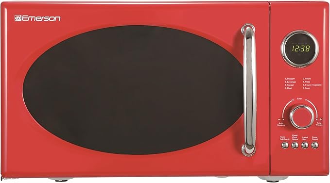 Emerson MWRG0901RD 0.9 Cu. Ft. Retro Microwave with 1,000W Grill Function, 800W Cooking Power, LED Display, 5 Power Levels, 8 Auto Menus, Glass Turntable, Child Lock, Red Countertop Design