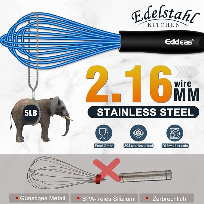 Eddeas Silicone Whisk, Non Scratch Whisk for Cooking, 5+7+9+11in Balloon Whisks, Suitable for Mixing, Blending. 11in Flat Whisks great for Ceramic Coated pans and Wider shallower pots. (Blue)