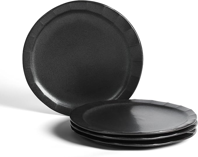 Stone Lain Oasis Stoneware Plate Dish Set, 4-Piece Dinner Plates - Ceramic Serving Dishes for 4 People - Microwave & Dishwasher Safe, Black