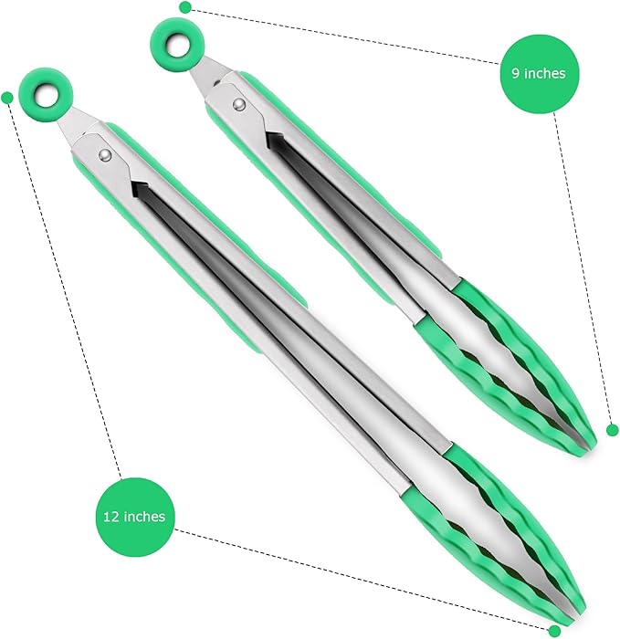 2 Pack Silicone Kitchen Tongs – 9" & 12" Set, Heat Resistant up to 500°F, Non‑Stick Cookware Safe, Wavy Silicone Tips, BPA Free, Locking Clip & Hanging Loop, Dark Green