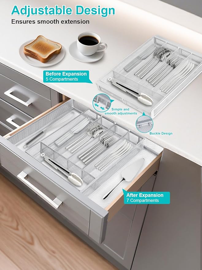 Sedegn Expandable Kitchen Utensil Organizer - 9.6" to 16.1" Adjustable Cutlery Tray with 5-7 Compartments - Fits Various Drawer Sizes & Holds Large Ladles Spatulas Forks Spoons & Knives White