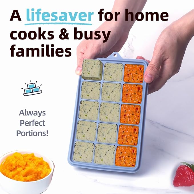 2 Tbsp Silicone Freezer Molds - Perfect for Storing Garlic, Herbs, Ginger, Pesto, Tomato Paste, Lemon Juice, Purees and More - Silicone Food Freezer Tray (Blue 2 Pack)