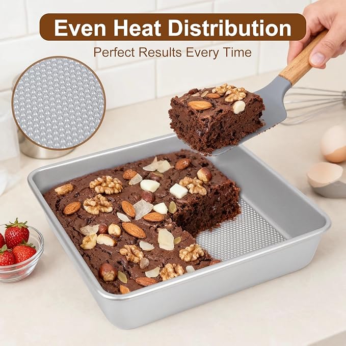 Logario 9 x 9 Inch Square Baking Pans, Set of 2, 0.8 mm Heavy-Duty Aluminized Carbon Steel Nonstick Brownie and Cake Pans, Textured Bottom, Oven Safe to 450°F, Silver