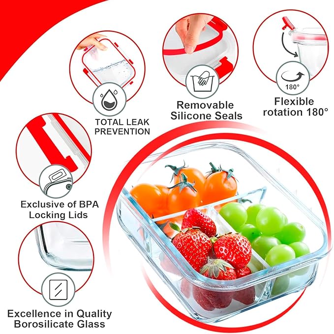 VERONES 5 PACK 36 OZ Glass Food Storage Containers 3 Compartment Set, Red