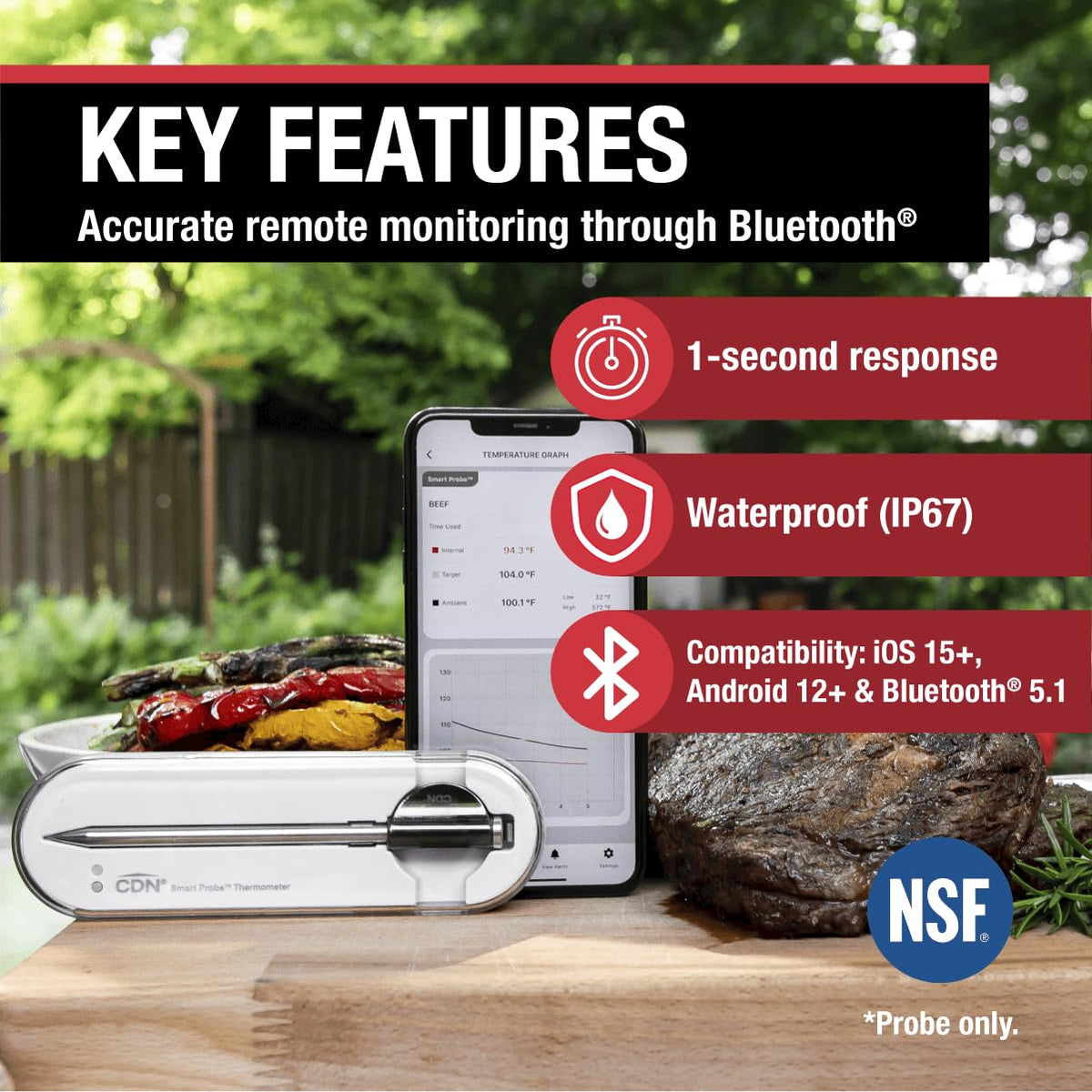 CDN Smart Probe Bluetooth Meat Thermometer | Perfect Father’s Day Gift Under $100 | Wireless Digital Thermometer | NSF Certified Probe | App Monitoring (iOS & Android) | BBQ, Grill, Smoker | STP212