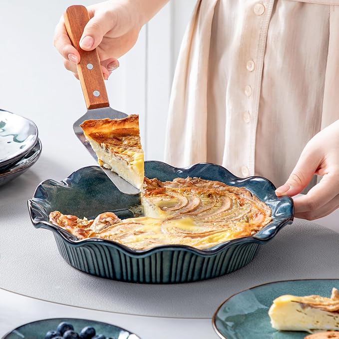 vancasso Ceramic Pie Pan for Baking, 9 inch Deep Pie Plates for Apple Pie, Pot Pie, Tart and Quiche, Reactive Glaze Fluted Pie Pans, Large Pie Dish with Ruffled Edge, Green, STERN Series