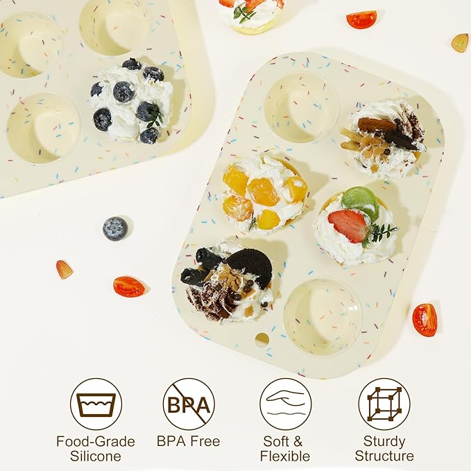 Firstfooby 2 Pack Silicone Muffin Pan for Baking, Regular Size Nonstick Cupcake Pan, 6-Cup Silicone Muffin Tin BPA Free Dishwasher Safe, Great for Muffin Cupcake Brownie Egg Tart