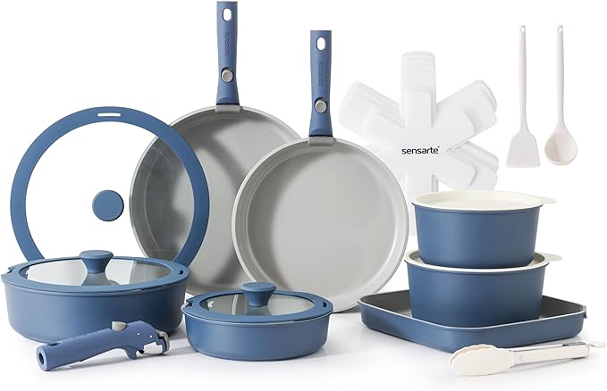 SENSARTE 24 Piece Ceramic Detachable Handle Pots and Pans Set Navy