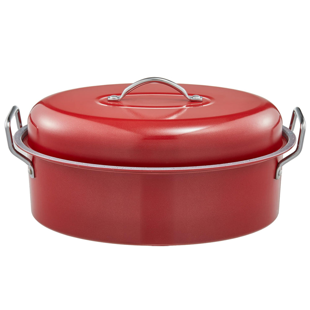 BRONYPRO Large Turkey Roasting Pan with Lid & Rack, 18-Inch Durable Granite Non-Stick Roaster, 20 lb Capacity for Roasting Turkey, Chicken, or Vegetables, Red