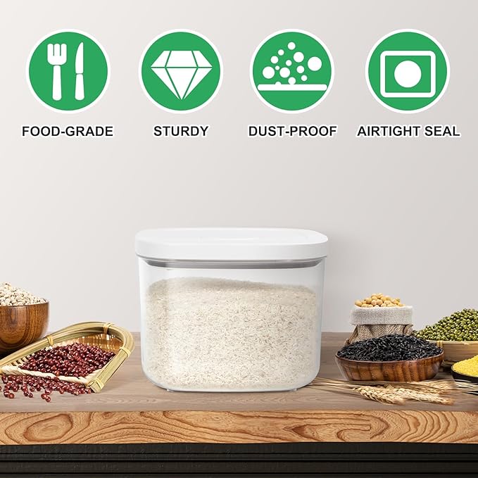 TBMax Large Airtight Food Container 5.28 Qt with Pop Up Lid & Measuring Cup, Ideal for 10 Lbs of Rice or 7 Lbs of Flour, Square Short Food Storage Bin for Kitchen Pantry and Drawer Organization