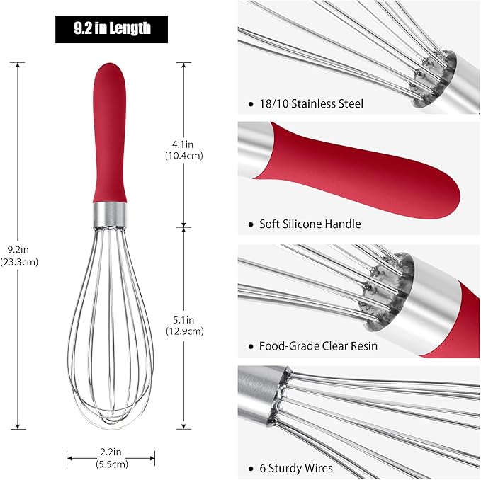 Doosu 18/8 Stainless Steel Balloon Whisk for Cooking (6 Wires, Red)