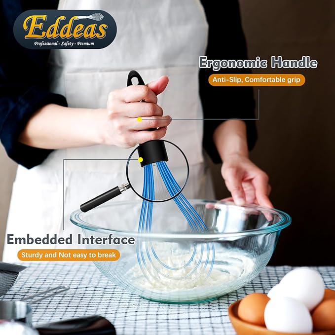 Eddeas Silicone Whisk, Non Scratch Whisk for Cooking, 5+7+9+11in Balloon Whisks, Suitable for Mixing, Blending. 11in Flat Whisks great for Ceramic Coated pans and Wider shallower pots. (Blue)