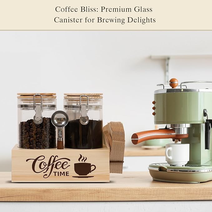 EQEY Glass Coffee Canister Set with Shelf & Spoon 2 Piece Coffee Containers for Coffee Bean Storage Airtight Seal, Coffee Bar Accessories Filter Holder for Kitchen Organization