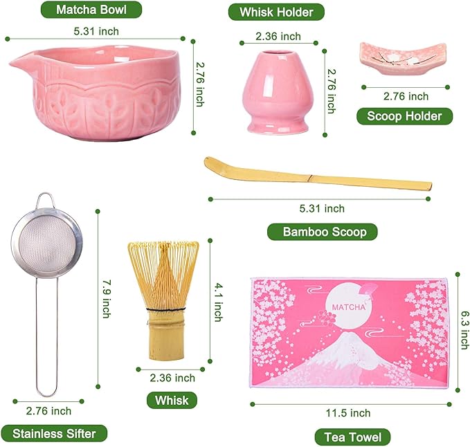 Matcha Whisk Bowl Set, 7PCS Japanese Matcha Kit with Spout Bowl (Pink) Bamboo Whisk Stand Scoop Sifter Accessories for Tea Ceremony Latte, Gifts for Family,Friends