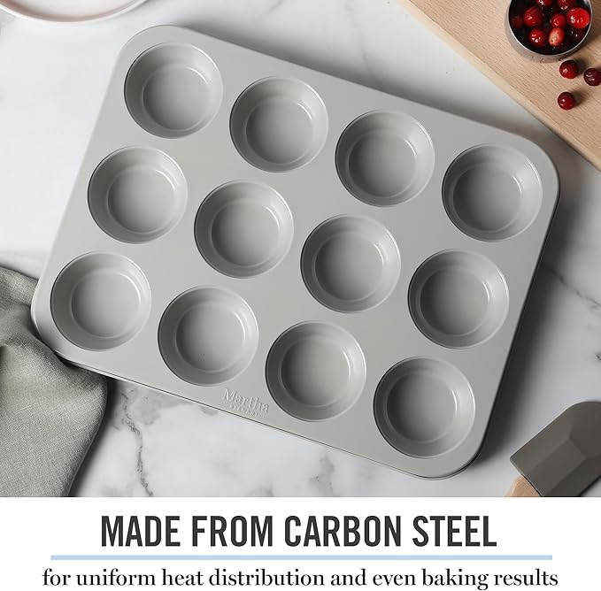 Martha Stewart Gallen 12 Cup Nonstick Carbon Steel Muffin and Cupcake Pan – Cool Grey, Durable Bakeware for Even Baking and Easy Release