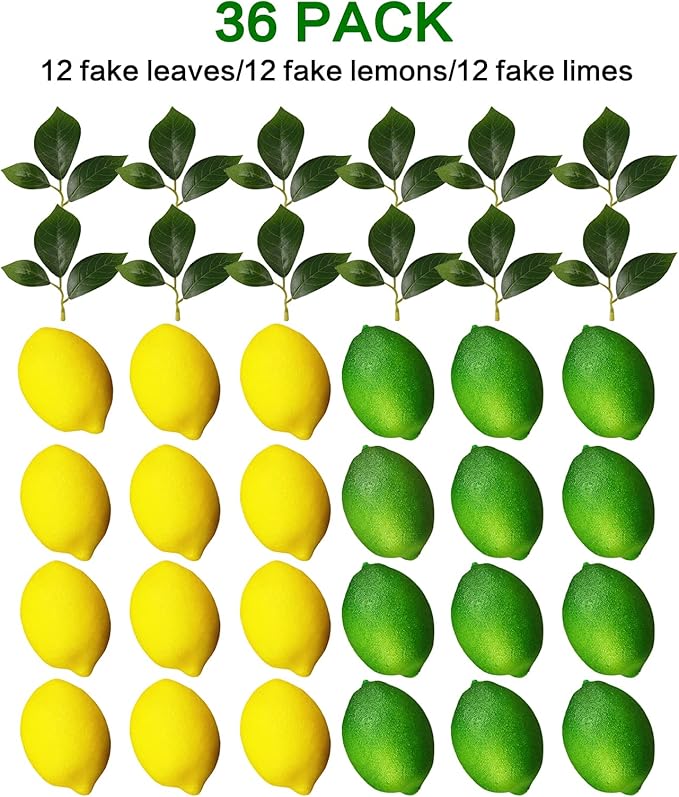VEOAY Fake Fruit Artificial Lemons 24 Pcs, Faux Lemon Leaves 12 Pcs Lifelike Fake Lemon Decor for Kitchen Table Cabinet Party Plastic Fruits Photography Prop