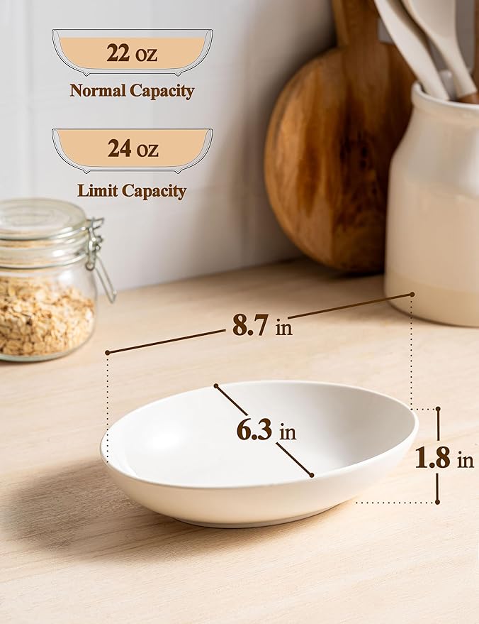 Gacoree 8" Oval Small Serving Bowls Set of 4, 24 oz White Ceramic Oval Bowls for Food, Small Serving Dish for Salad, Pasta, Side Dishes, Fruit, Snacks, Microwave Dishwasher Oven Safe