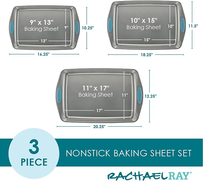 Rachael Ray Nonstick Baking Pans Set, 3-Piece Cookie Pan Bakeware, Gray with Agave Blue Silicone Grips