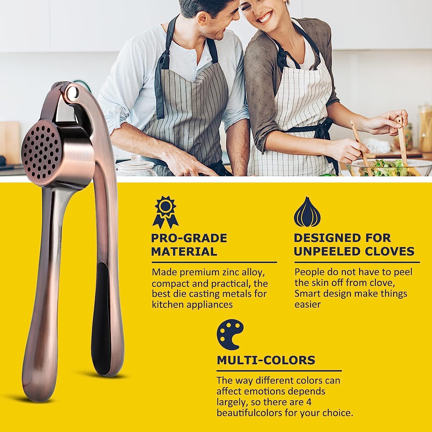 Premium Garlic Press Stainless Steel - Elevate Your Culinary Experience with Our Premium Garlic Mincer, Crusher & Peeler Set, Dishwasher Safe & Rust-proof (Bronze)