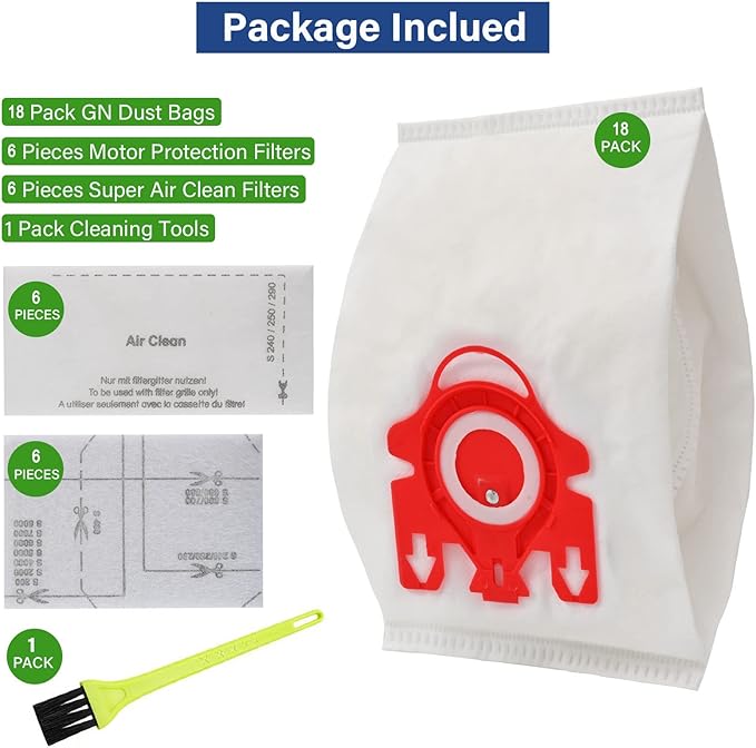 18 Packs 3D Airclean FJM Vacuum Bags Replacement for Miele Compact C1 Vacuum Type FJM,Compact C1,Compact C2,S6000-S6999,S4000-S4999,S700,S500-S578 with 6 Motor Protection Filters,6 AirClean Filter