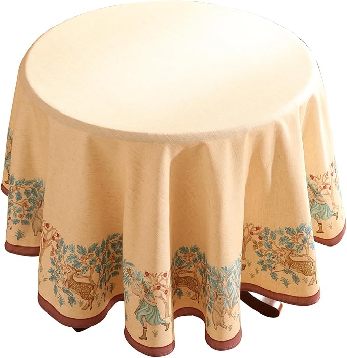 patdrea Designer Vintage Linen Round Tablecloth,Beige Breathable French Trees Pattern Table Cloth,Fall Decoration Table Cover for Kitchen Dining Christmas,Thanksgiving,Diameter 67"-Tatiana D
