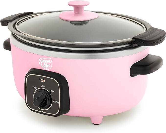 GreenLife 3.5QT Ceramic Nonstick Slow Cooker, Cooktop/Oven Safe, Pink