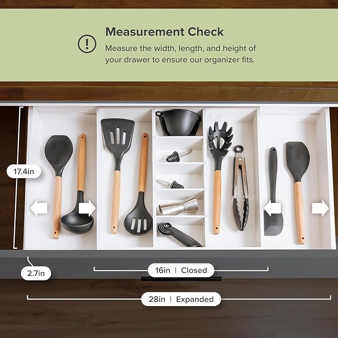 KitchenEdge Utensil & Junk Drawer Organizer, 16-28 in, White Bamboo