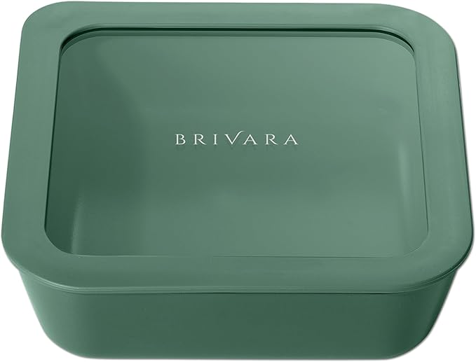 BRIVARA HOME Glass Food Storage Container with Lid, 5-Cup Medium Square | Microwave-Safe Airtight Lid, Oven-Safe Ceramic-Coated Glass | Zero Plastic, No PFAS/PFOA/BPA, Reusable [Pine]
