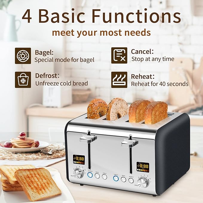 SEEDEEM 4 Slice Stainless Steel Toaster, LCD Display, Wide Slots